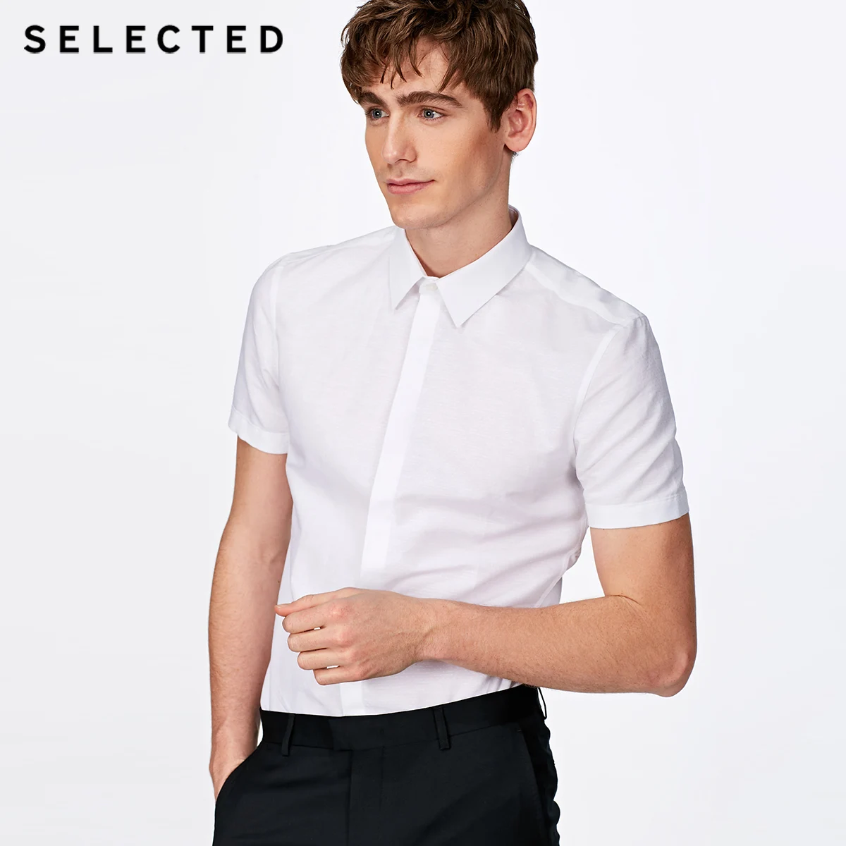 SELECTED Cotton-linen light concise business short-sleeved shirt T|418204511 | Мужская одежда