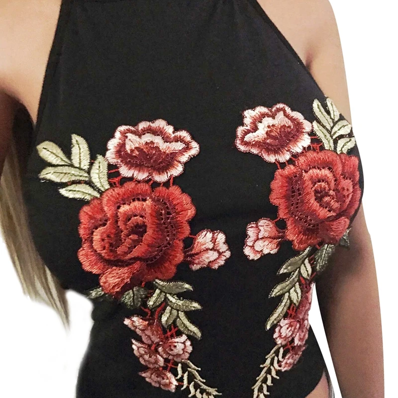 

Chesmono 2017 Summer off shoulder Women Flower rose Embroidery Sexy Black camisoles Women halter backless Camis Tanks crop Tops