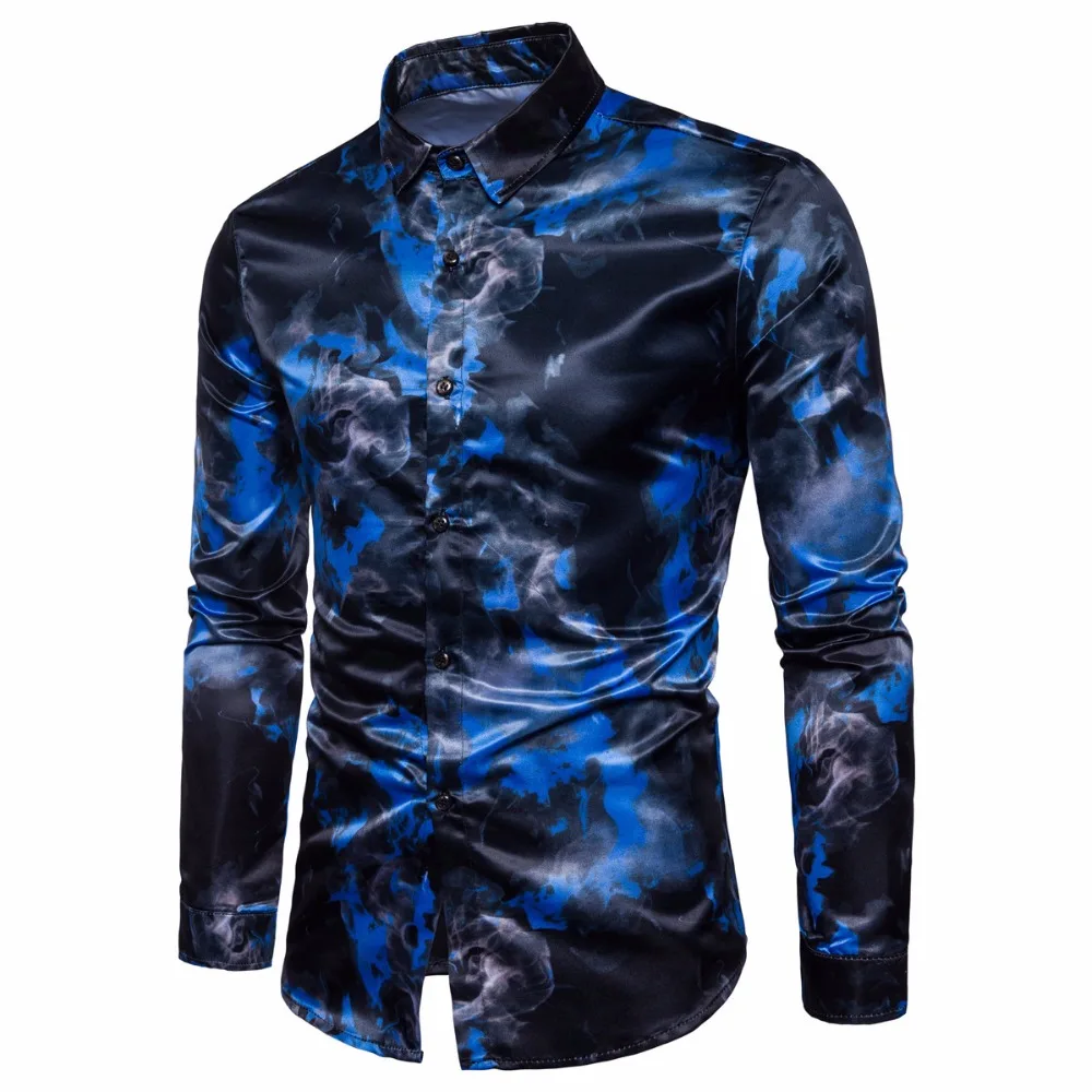 

Fashion Casual Men Shirts Long Sleeve Street Wears Red Blue Flame Printed Tops Formal Shirts For Male Clothing Plus Size S-2XL
