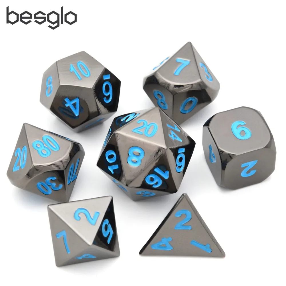 

Metal Dice Set of 7 Black Polyhedral Dice with Blue Lettering for RPG MTG Math Teaching D4 D6 D8 D10 D% D12 D20