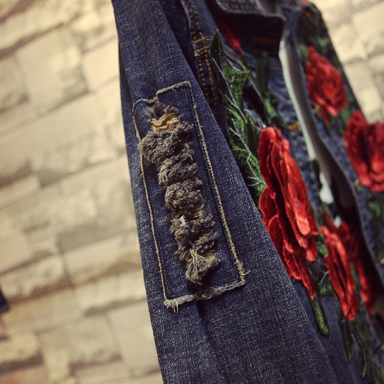 Finest  2018 Spring Autumn New Women's Embroidery Red Rose Short Denim Jacket Coat Hole Long Sleeve Skinny 