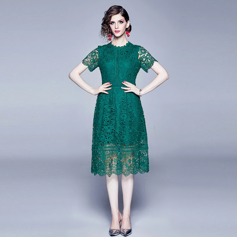 

High Quality Evening Party Dress Women Green See Through Hollow Out Floral Pink Lace Crochet Dress Office Lady Summer Dresses