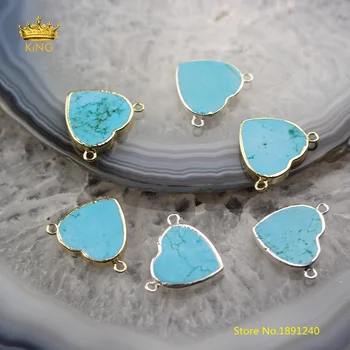 

10PCS Bulk Blue Turquoises Heart Shaped Charms Fashion Jewelry,Howlite Plated Gold/Silvery Connector Bracelet Necklace HS02