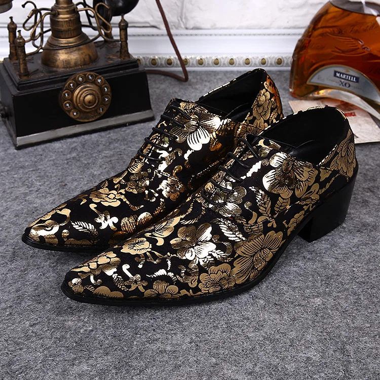 New Vintage Floral Men Dress Wedding Party Shoes Black Genuine Leather Invisibly Heightening Increasing Yellow Mocassim Masculin | Обувь