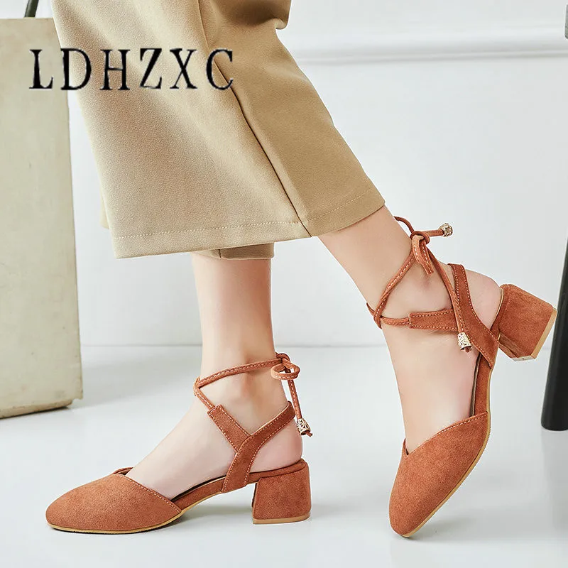 

LDHZXC 2019 Women Pumps Flock Square Heel Fashion Women Shoes Lace Up Pointed Toe All Match Women Pumps Size 34-43