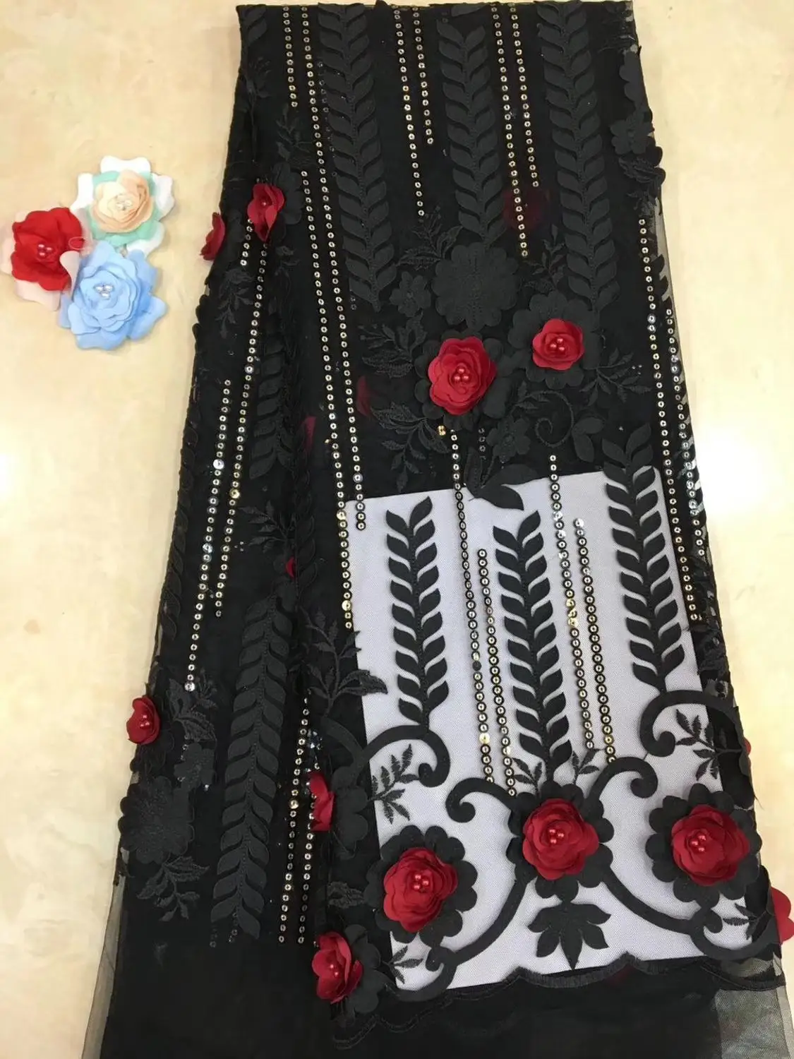 

French lace fabric 5yds/pce 3d red petals beaded sequins black mesh fabrics women gorgeous luxury party event dress 2019 new