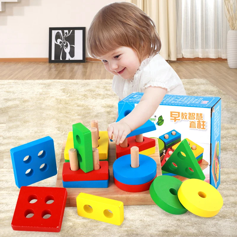 Wooden Column Shapes Stacking Toys Baby Preschool Educational Geometric Sorting Board Blocks
