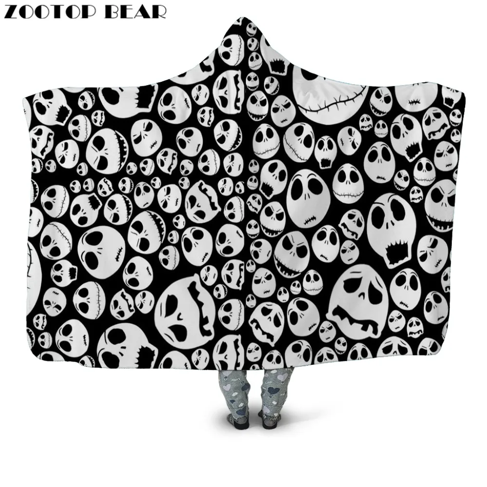 

Jack Skellington Monochrome Hooded Blanket 3D Skull Printed Warm Sherpa Fleece Wearable Throw Blanket Drop Shipping 2019