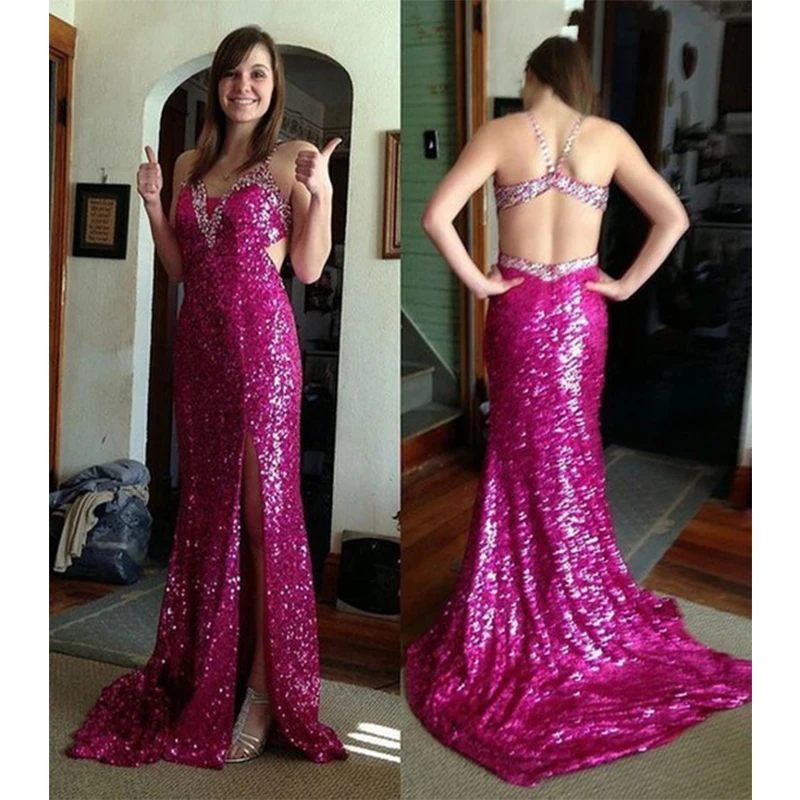 Top Quality Mermaid Prom Dresses Long 2019 V-Neck Backless Side Slit Spaghetti Strap Sequined Court Train Party Dress Hot Sale | Свадьбы и