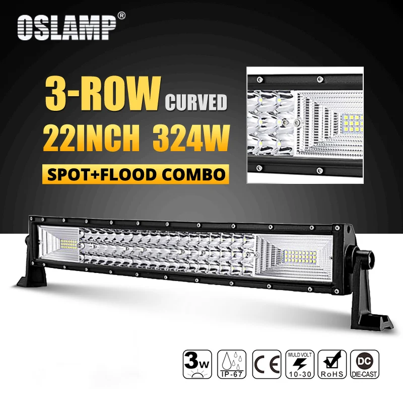 Oslamp 3 ряд 2" 324 Вт 34" 486W 4" 594 Вт 52" 702 Вт изогнутый СВЕТОДИОДНЫЙ светильник бар Offroad светодиодный бар пятно луча СВЕТОДИОДНЫЙ рабочий светильник бар 12v 24v - Цвет: 22inch no wire