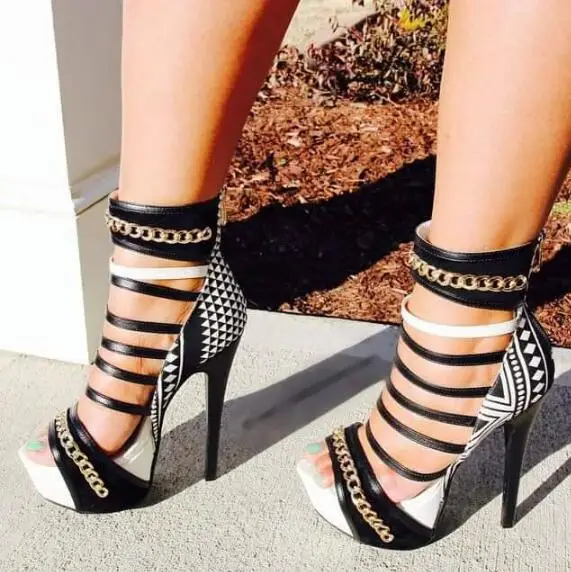 

New Mixed Color Platform Sandals Women Fashion Chains Strappy Dress Sandals Sexy Super Thin Heel Party Shoes Patchwork Pumps