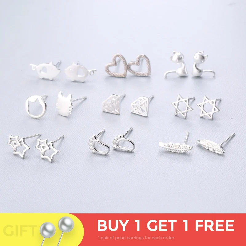 

32 Patterns 100% 925 Sterling Silver Prevent Allergy Geometric Cute Stud Earrings for Women Wedding Earrings Jewelry Accessories