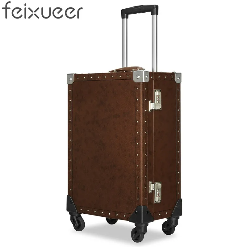 

feixueer Designer Genuine Split Leather Trolley Women Rolling Case Retro Travel Suitcase Carry-Ons Mens Hand Luggage Coffee 335
