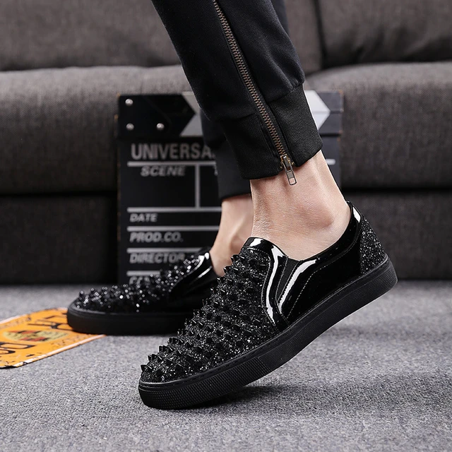 High Top Black Diamond Gold Nails Real Leather Red Bottom Shoes For Men  Casual Flat Sneaker Crystal Wedding Loafers Women Spikes - AliExpress