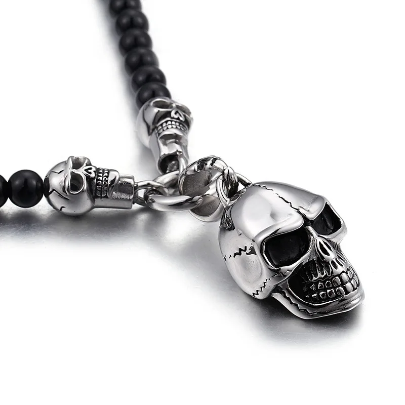 

European and American fashion punk personality smile face Skull Pendant man titanium steel beads necklace D221