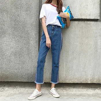 

2017 Side Striped Jeans For Women Washed Blue High Waist Street Ankle Length Denim Boyfriend Street Edging Jeans Asia Size