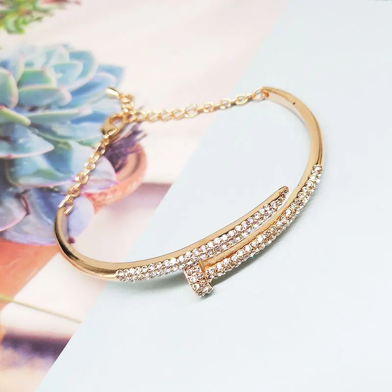 

Fashion Crystal Bracelet for Woman Zircon Paved Round Silver Gold Color Female Punk Nail Bracelets Bangles
