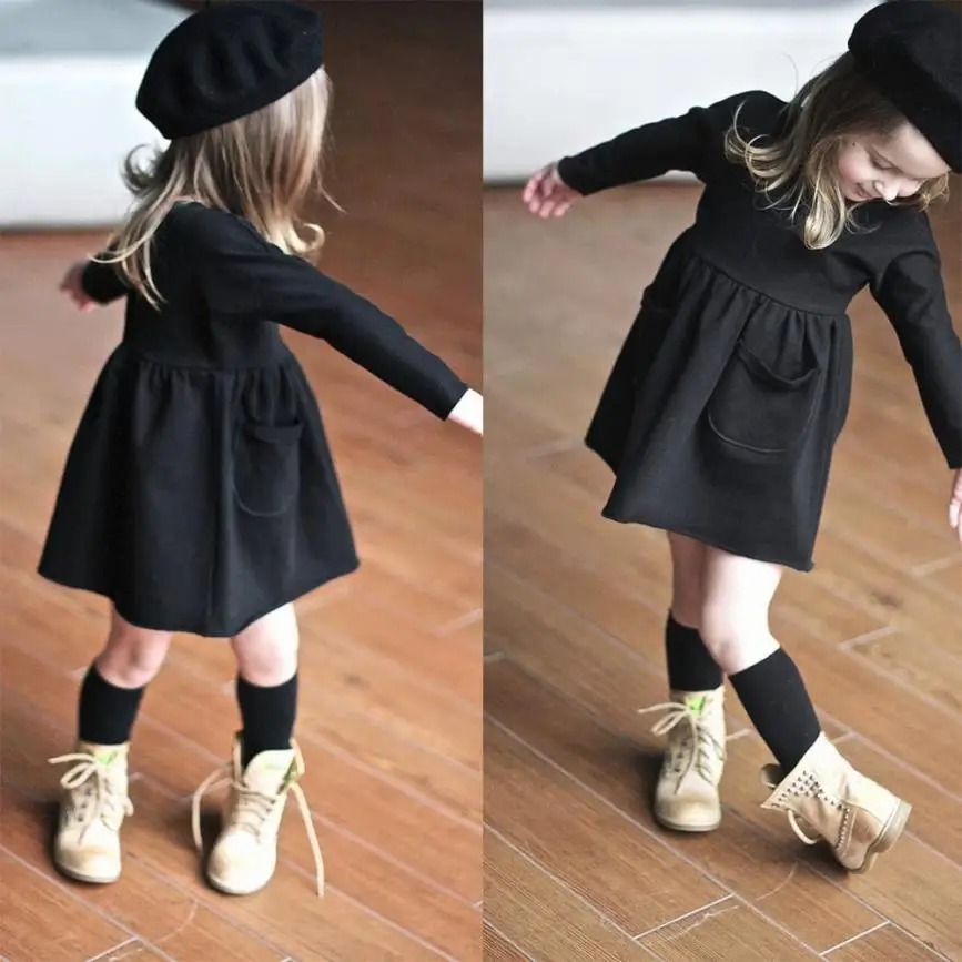 

kids dresses for girls spring Fashion Toddler Baby Girl Solid Fold Long Sleeve Pocket Princess Dress m23