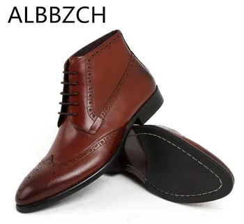 

Genuine Leather Chelsae Dress Men Boots Quality Business Casual Work Boots Mens Fashoin Carving Ankle Boots Brouge OXford Shoes