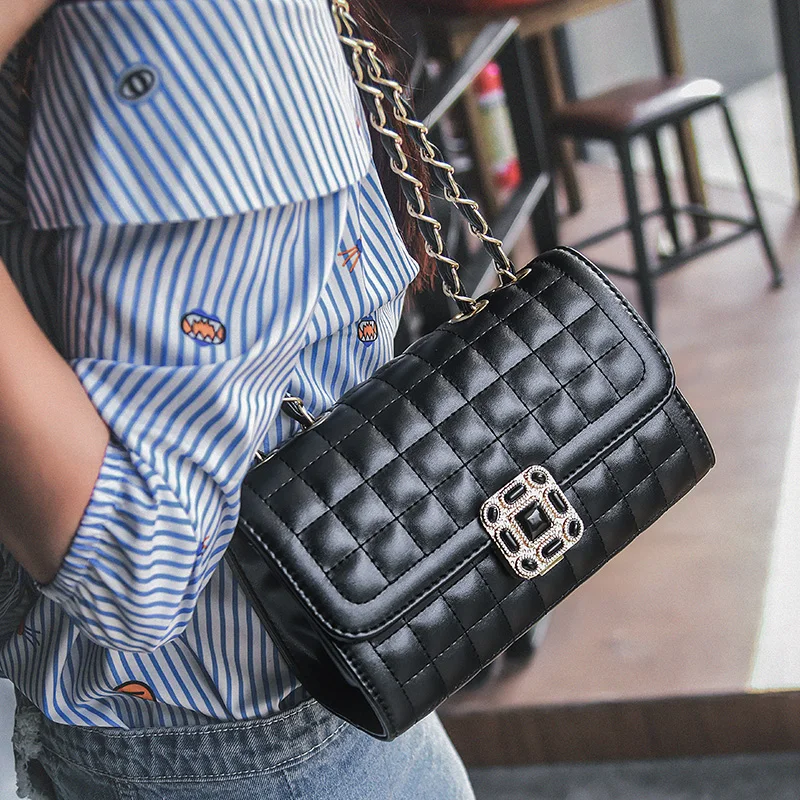 2018 Quilted Plaid Women Messenger Bag Chains Mini Black Crossbody Bags