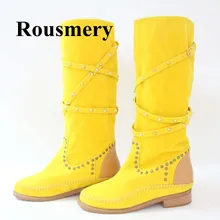 Модные модельные зимние замшевые сапоги до колена с заклепками зимняя обувь с круглым носком женские ботинки с плоским каблуком