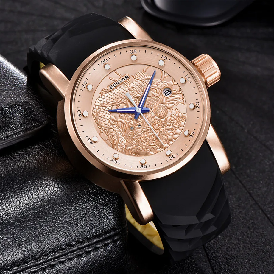 BENYAR Men Wristwatches 3D Chinese Dragon Carving Dial and Band Date Display Waterproof 30m Business Quartz Watch heren horloge (14)