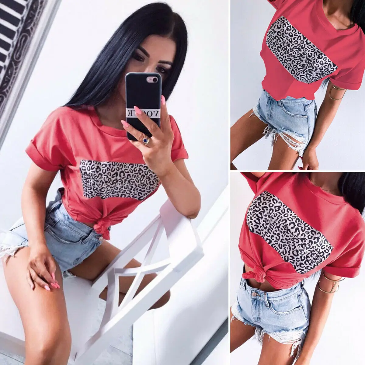 

Hirigin Women Casual Top Ladies Round Neck Leopard Print T Shirt Short Sleeve Clothes Holiday