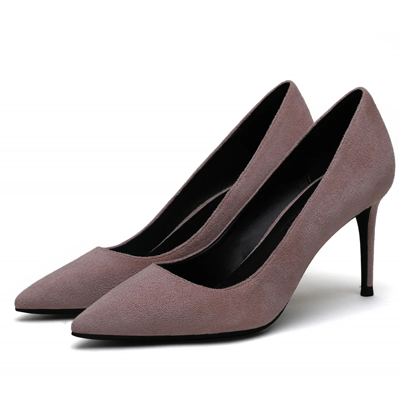 

2019 New Women Pumps Black High Heels 8cm 10cm Lady Cow Suede Leather Autumn Pointed Single Shoes Female Pumps Big Size F0045