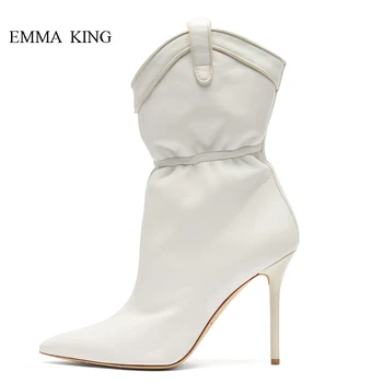 

Fashion White Pleated Ankle Boots for Women Pointed Toe Stiletto High Heels Short Boots Spring Autumn Slip on Women's Shoes