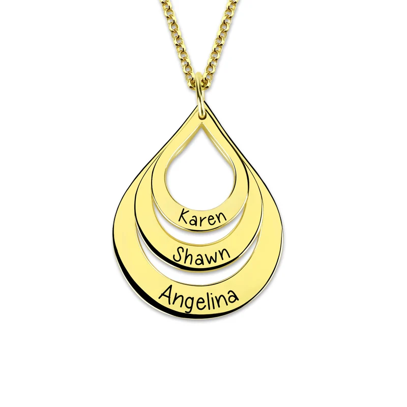 Tanie Hurtownia grawerowane w kształcie kropli naszyjnik złoty kolor spadek wisiorek nazwa rodziny naszyjnik