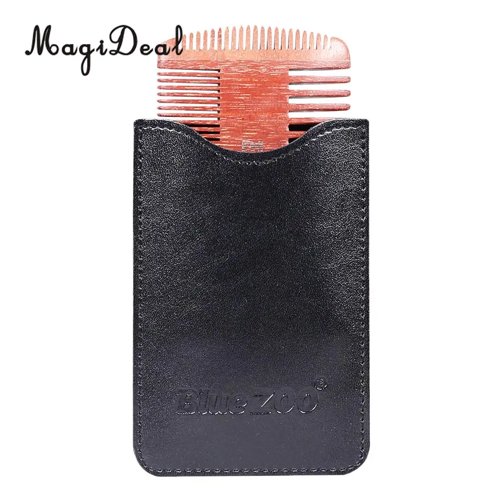 Anti Static Natural Sandalwood 4 Sided Fine Coarse Teeth Men Beard Mustaches Grooming Shaving Comb with PU Leather Bag Case
