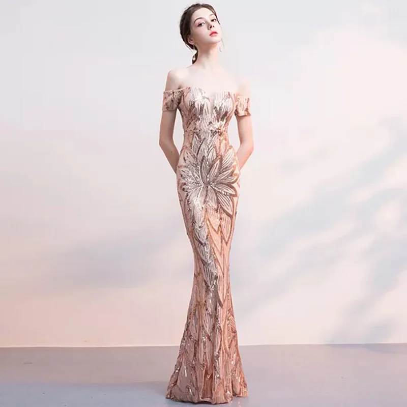 D043 rose gold off the shoulder sequined floor length bodycon long dress