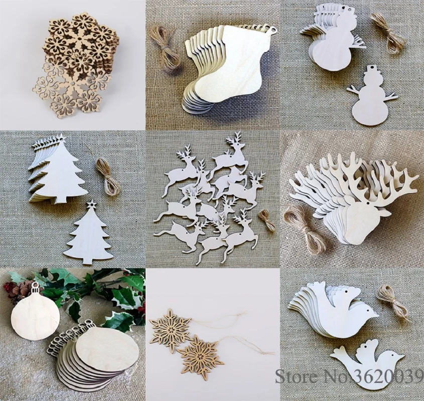 

10pcs Natural Wood Christmas Ornaments Reindeer Tree Snowflakes Bell Santa Star Christmas Decorations For Home 2018