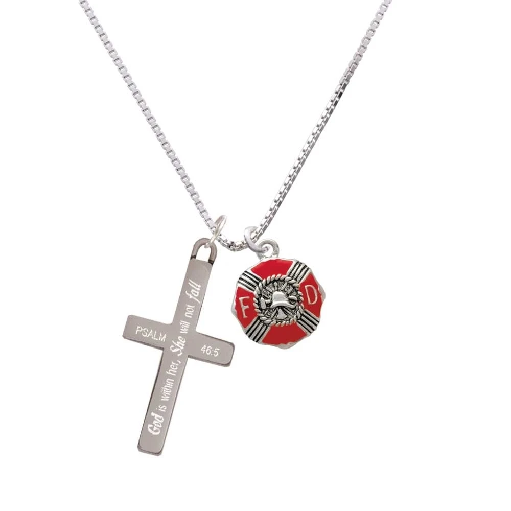 Red Enamel Fire Department Medallion - She will not Fall - Cross Necklace