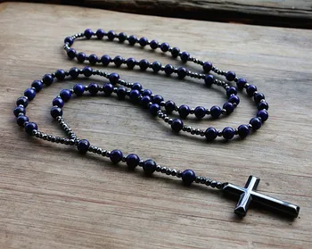 6mm Lapis Lazuli stone bead & Hematite cross pendant necklace for Men Women Catholic Christ Rosary Cross Pendant