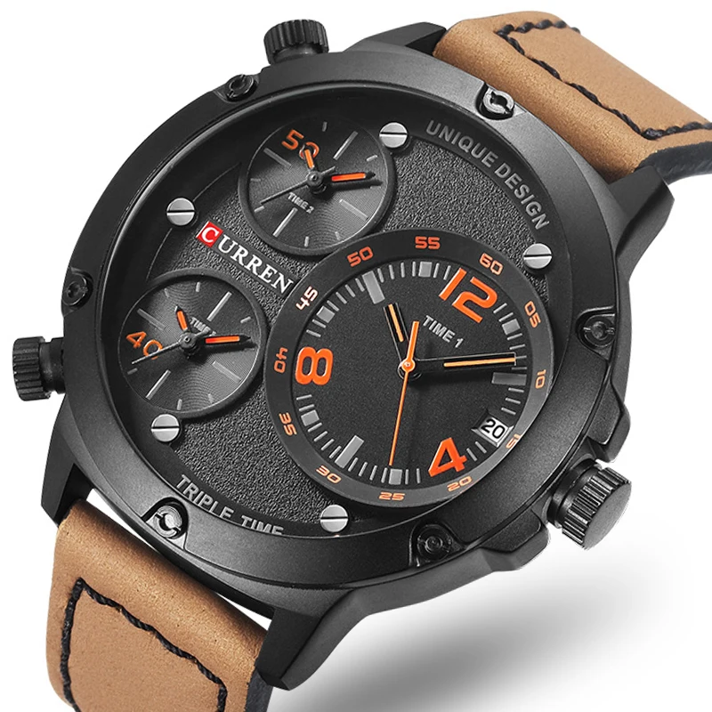 CURREN Plus Men Military Sport Quartz Watches Mens Multiple Time Zone Brand Luxury Leather Male Wristwatch Relogio Masculino