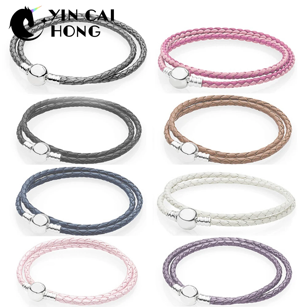 

YCH 100% 925 Sterling Silver Fashion Lovers Leather Double Loop Bracelet (Multi Color Choice) DIY Gift Jewelry Factory Direct