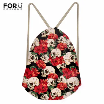

FORUDESIGNS Woman Drawstring Bag Women's Backpack Rose Skull Printing Sack Harajuku Style Softback Mochila Travel Storage Bags