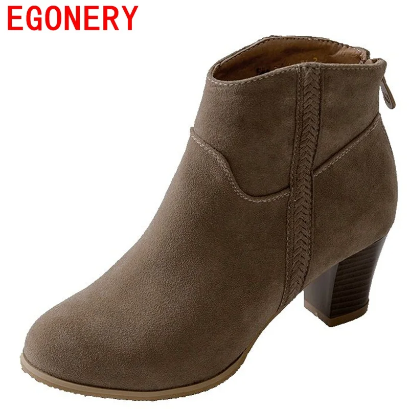 

EGONERY shoes 2018 winter pleated office women fashion square thick heels boots round toe concise after the zipper ankle boots