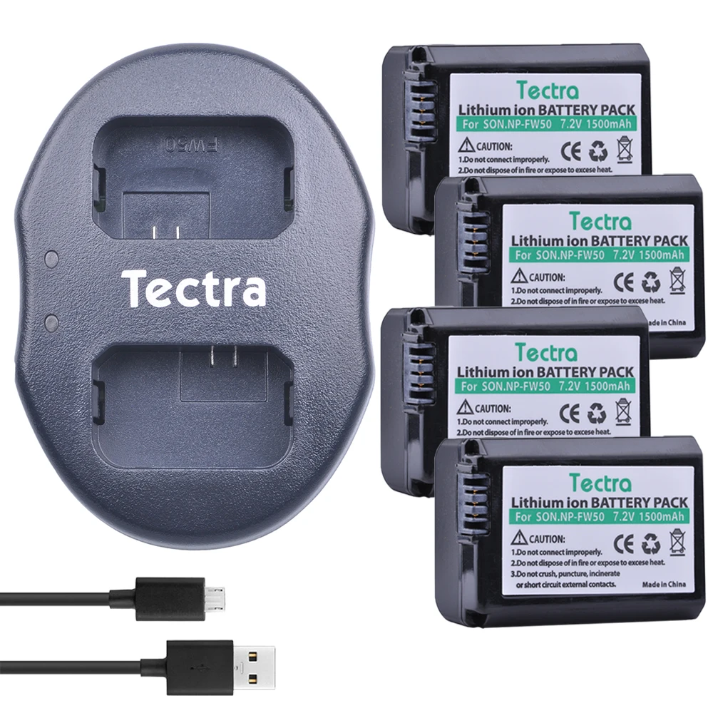 Tectra 4 шт. NP-FW50 NP FW50 NPFW50 Батарея+ USB Dual Зарядное устройство для sony Alpha 7 a7 7R a7R фотоаппаратов моментальной печати 7 S a7S a3000 a5000 a6000 NEX-3 Батарея