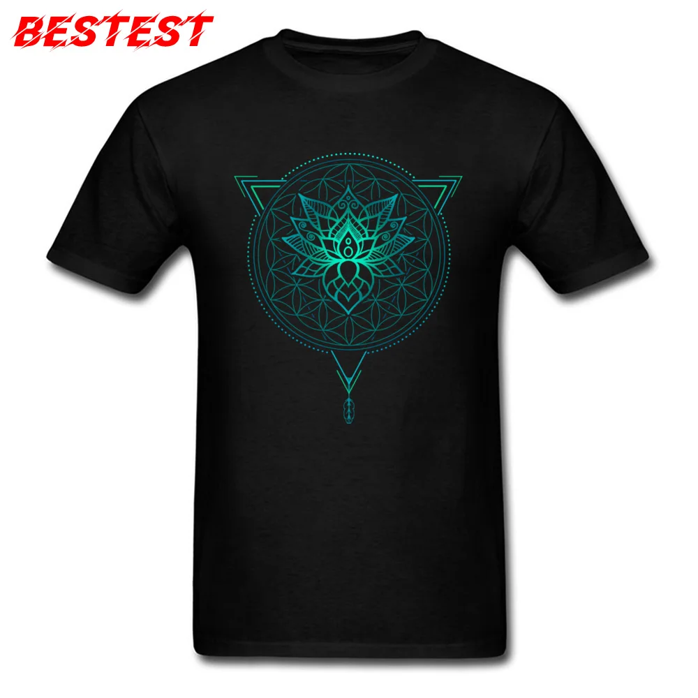 Pure Cotton Men Short Sleeve Crazy Top T-shirts Design T Shirt Funky comfortable Round Collar T-shirts Drop Shipping Lotus Flower of Life Mandala in Geometric Triangle black