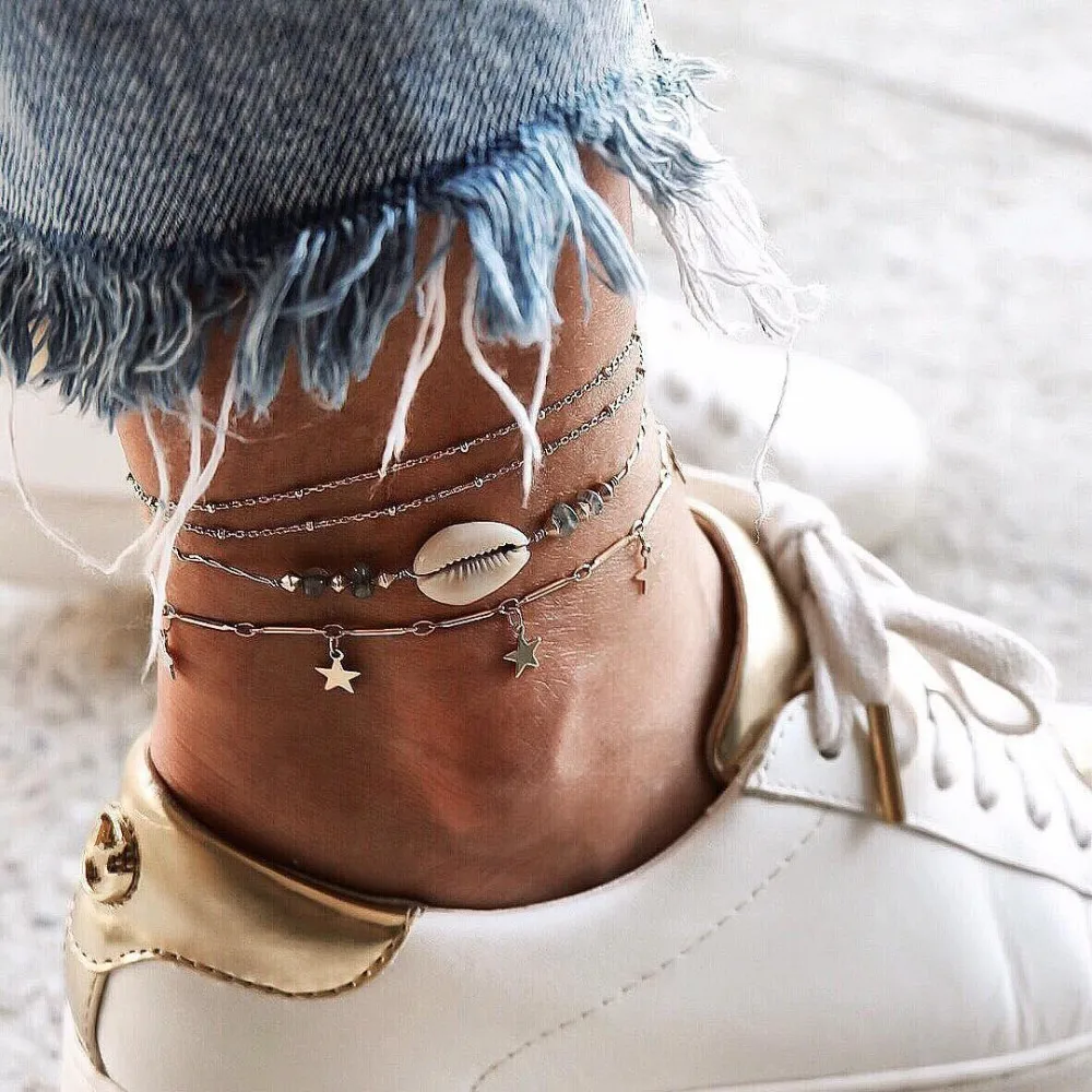 

4 Pcs/set Women Silver Star Stone Anklet Bracelet for Women Simple Shell Anklet Bohemian Beach Charm Jewelry Accessories