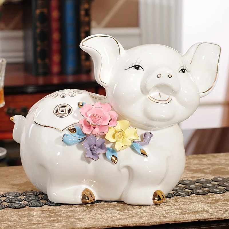 Cute white cartoon smiling pig ceramic statue figurine ...