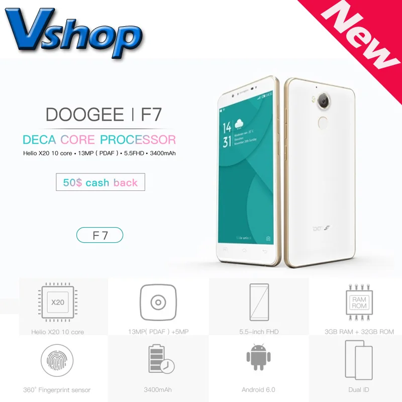Original DOOGEE F7 4G Cell Phone Android 6.0 Deca Core MTK6797 RAM 3GB ROM 32GB 5.5 inch 13MP 1080P FHD Type-C Mobile Phone