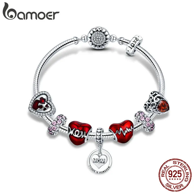 

BAMOER 925 Sterling Silver Romantic Heart Love MOM Forever Pendant Mother Gift Bracelets Bangles for Women Silver Jewelry SCB807