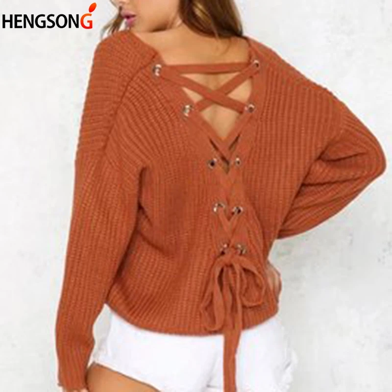 

Pullovers Women's Sweater Jumper O-neck Back Criss Cross Lace Up Sweater Female Women Warm Winter Knitted Sweater