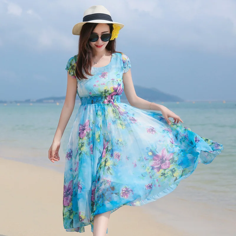 New Arrival Summer Bohemian Dress Floral Printed Long Chiffon Dress Elegant Ladies Sleeveless Maxi Dresses Elastic Waist long-floral-maxi : image New Arrival Summer Bohemian Dress Floral Printed Long Chiffon Dress Elegant Ladies Sleeveless Maxi Dresses Elastic Waist long-floral-maxi