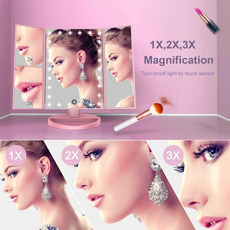 22 LED Touch Screen Light Makeup Mirror Table Desktop Makeup 1X/2X/3X/10X Magnifying Mirrors Vanity 3 Folding Adjustable Mirror