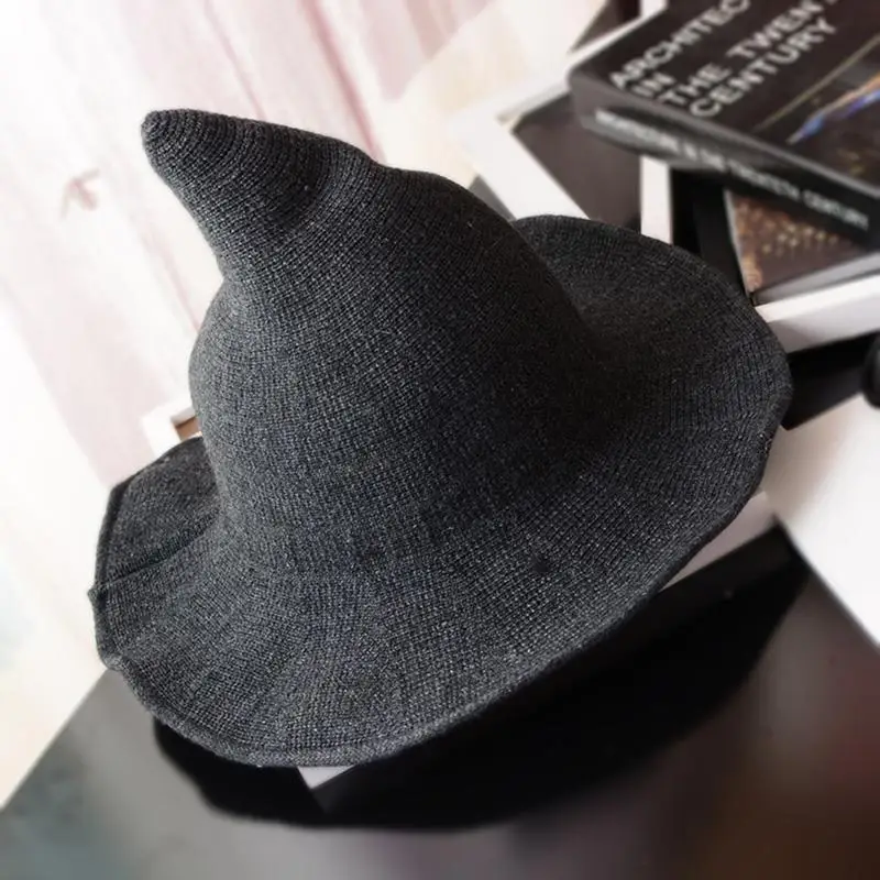 Шляпа ведьмы, разноцветная шапка из овечьей шерсти, вязаная шапка рыбака, женская модная шапка ведьмы с острым носком для бассейна, ведро для Хэллоуина - Цвет: Темно-серый