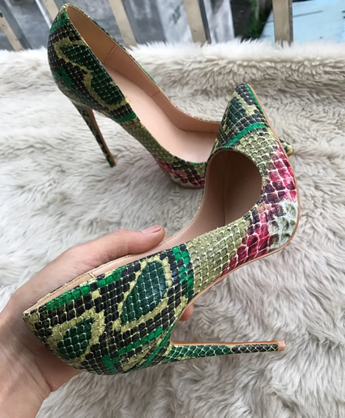 Stylesowner 33-44 размер сексуальные женские туфли-лодочки зеленый Змеиный узор Экстремально высокий каблук обувь заостренная носок Модные вечерние модельные женские туфли - Цвет: 12cm heel